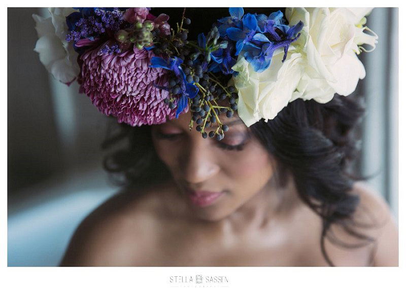 Milkbath maternity photo shoot with large and colourful flower crown